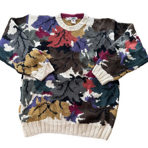 Boston Traders 100% Wool Sweater Foliage Leaf Chunky Crew Knit Vintage Unisex S